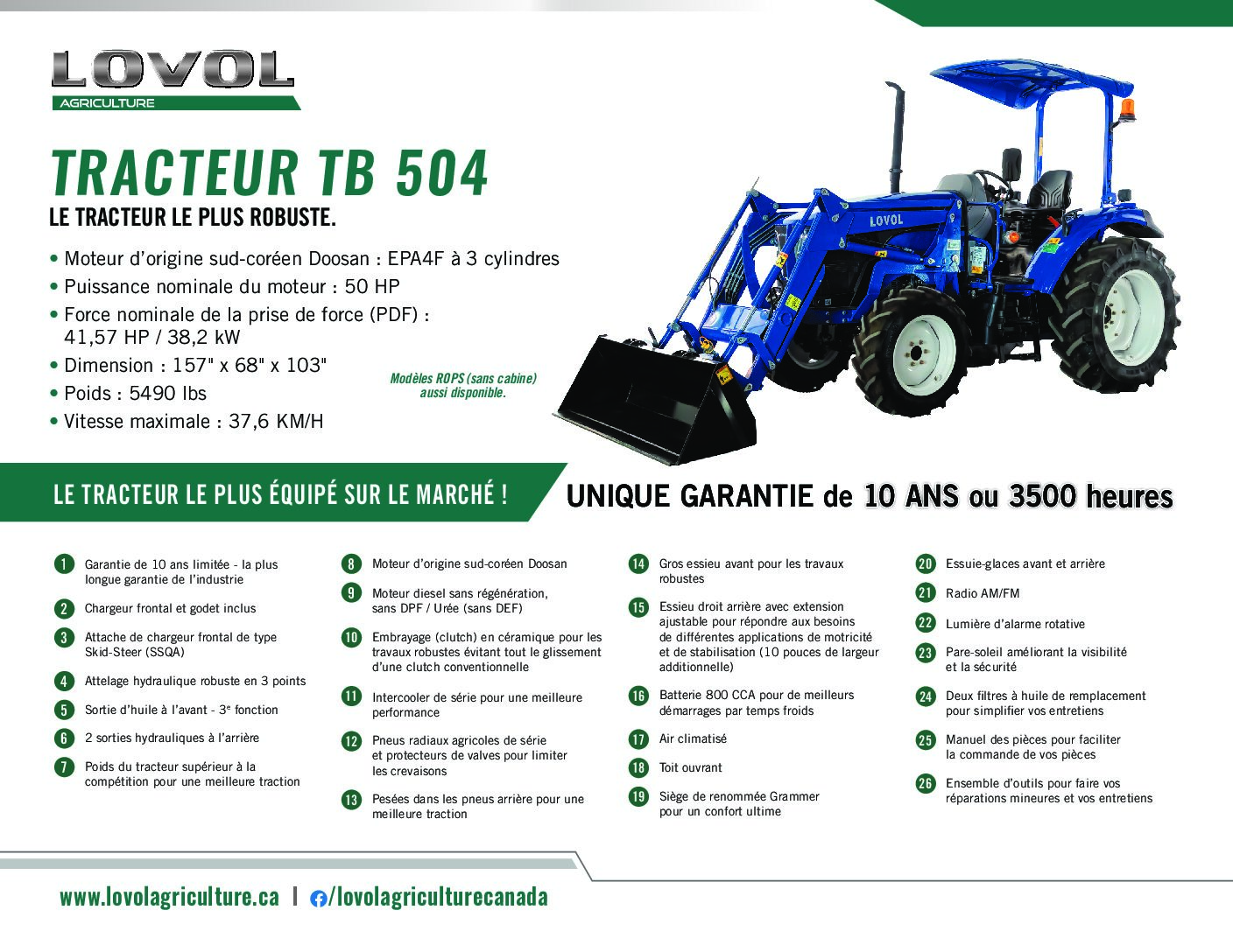 Tracteur Lovol 50 hp avec Cabine 2025 fiche technique